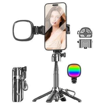P15-Y Mini Selfie Stick Stativ med fjernbetjening og lommefyldningslys - Sort