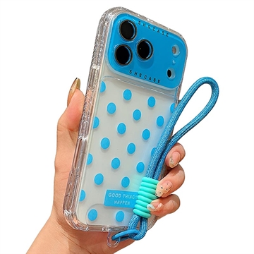 iPhone 17 Pro PC / TPU Cover med linsefilm og rem - Polka Dot - Sky Blå