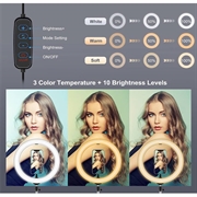 PULUZ 10.2" 26cm ringbuet lys + skrivebordsarmstativ USB 3 tilstande dæmpbar dobbelt farvetemperatur LED Vlogging Selfie Photography Videolys med telefonklemme
