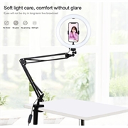 PULUZ 10.2" 26cm ringbuet lys + skrivebordsarmstativ USB 3 tilstande dæmpbar dobbelt farvetemperatur LED Vlogging Selfie Photography Videolys med telefonklemme