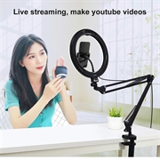 PULUZ 10.2" 26cm ringbuet lys + skrivebordsarmstativ USB 3 tilstande dæmpbar dobbelt farvetemperatur LED Vlogging Selfie Photography Videolys med telefonklemme