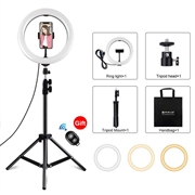 PULUZ PKT3069B 1.1m stativmontering + 10.2" 26cm dæmpbar USB LED-ringlys med dobbelt farvetemperatur Selfie-fotografering Video Fill Light med telefonklemme og selfie-fjernbetjening