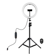 PULUZ PKT3069B 1.1m stativmontering + 10.2" 26cm dæmpbar USB LED-ringlys med dobbelt farvetemperatur Selfie-fotografering Video Fill Light med telefonklemme og selfie-fjernbetjening