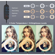 PULUZ PKT3069B 1.1m stativmontering + 10.2" 26cm dæmpbar USB LED-ringlys med dobbelt farvetemperatur Selfie-fotografering Video Fill Light med telefonklemme og selfie-fjernbetjening