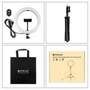 PULUZ PKT3069B 1.1m stativmontering + 10.2" 26cm dæmpbar USB LED-ringlys med dobbelt farvetemperatur Selfie-fotografering Video Fill Light med telefonklemme og selfie-fjernbetjening