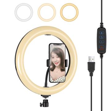 PULUZ PU397 10-tommer 3-trins dæmpbar LED-ringfotograferingsvideolampe med mobiltelefonclips til vlogging - sort