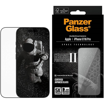 iPhone 17/16 Pro PanzerGlass Ceramic II Protection Ultra-Wide Fit EasyAligner Skærmbeskyttelse Hærdet Glas - 9H - Sort kant