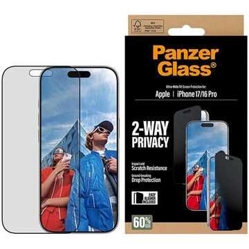 iPhone 17/16 Pro PanzerGlass Ultra-Wide Fit EasyAligner 2-Way Privacy Skærmbeskyttelse Hærdet Glas - 9H - Sort kant