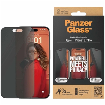 iPhone 15 Pro PanzerGlass Ultra-Wide Fit Privacy EasyAligner Hærdet Glas - Sort Kant