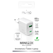 Puro MiniPro GaN-vægoplader - 65 W, USB-A, USB-C - hvid