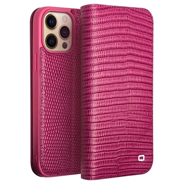 Qialino iPhone 14 Pro Læderpung - Krokodille - Hot Pink