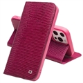 Qialino iPhone 14 Pro Læderpung - Krokodille - Hot Pink