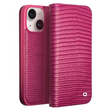 Qialino iPhone 15 Læderpung - Krokodille - Hot Pink