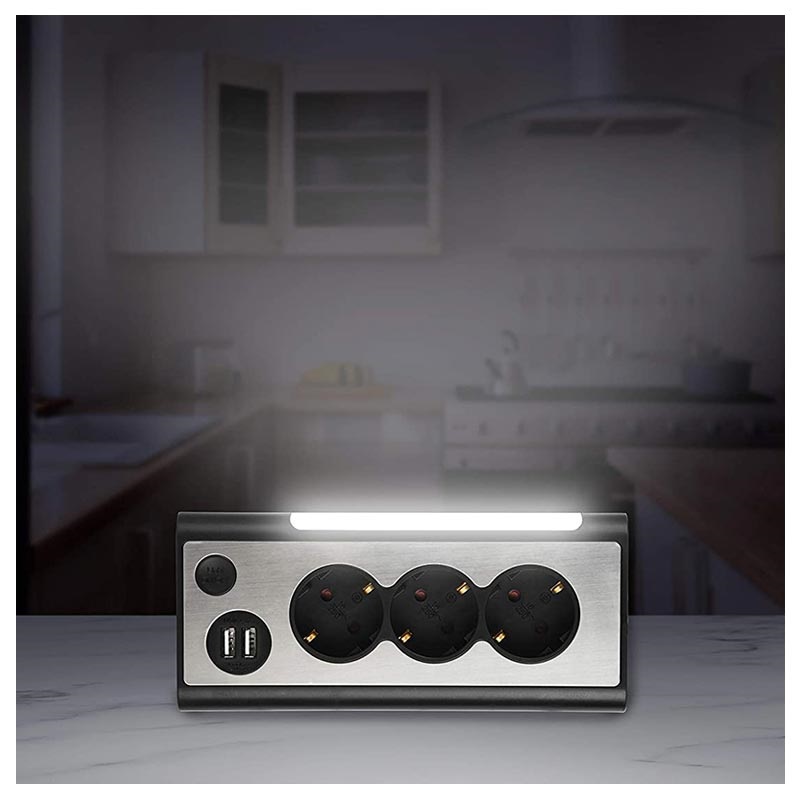 REV Light Socket Stikdåse med USB og LED-Lys - Sølv / Sort