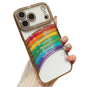iPhone 17 Pro Regnbue Kviksand Hybrid Cover med Rhinestone-kameradekor - Guld