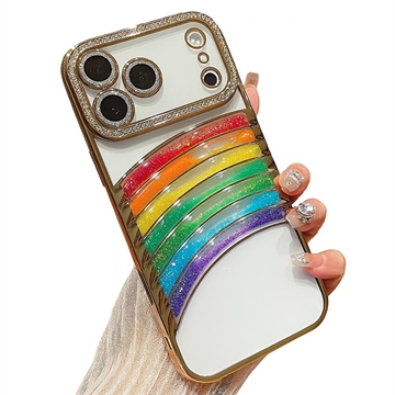 iPhone 17 Pro Max Regnbue Kviksand Hybrid Cover med Rhinestone-kameradekor - Guld