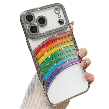 iPhone 17 Pro Regnbue Kviksand Hybrid Cover med Rhinestone-kameradekor - Sølv