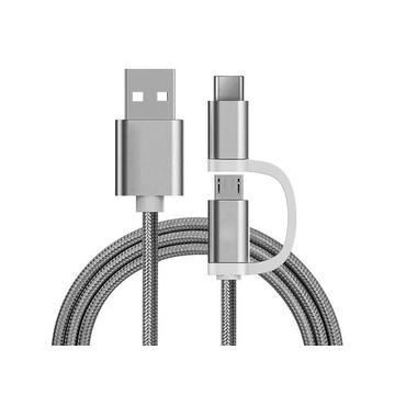 Reekin 2-i-1 Flettet kabel - MicroUSB & USB-C - 1m - Sølv