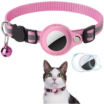 Reflekterende kæledyrshalsbånd med AirTag 1/2-holder og klokke - katte og små hunde - pink