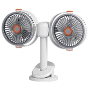 S19 bærbar ventilator med to blæserhoveder og klipsfastgørelse samt 5 hastighedsindstillinger