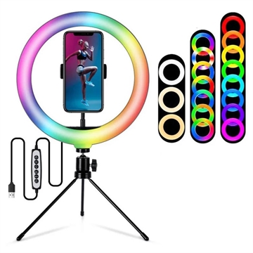 S26-RGB 10" RGB LED-ringlys Selfie-fotografering Fill Light med telefonholder og stativ