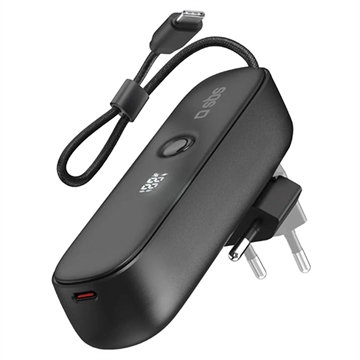 SBS 2-i-1 hybrid powerbank og vægoplader med indbygget USB-C-kabel - 5000mAh - Sort