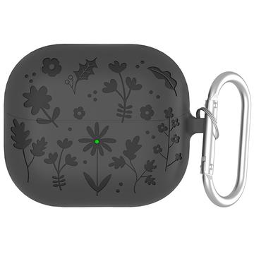 Samsung Galaxy Buds3/Buds3 Pro Etui i flydende silikone med blomstermønster og karabinhage - mørkegrå