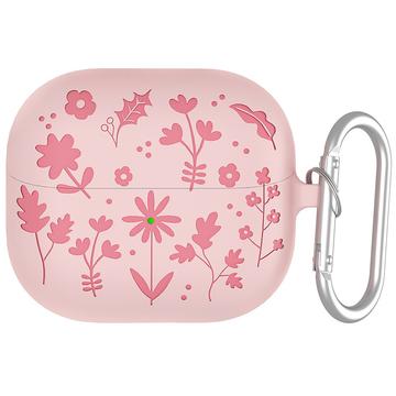 Samsung Galaxy Buds3/Buds3 Pro Etui i flydende silikone med blomstermønster og karabinhage - Lyserød