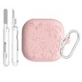 Samsung Galaxy Buds4/Buds4 Pro silikoneetui med blomstergravering og rengøringspenne - lyserød