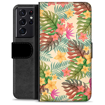 Samsung Galaxy S21 Ultra 5G Premium Flip Cover med Pung - Lyserøde Blomster