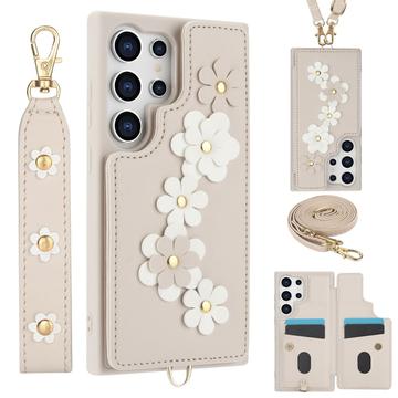Samsung Galaxy S24 Ultra Blomsterdekoration Cover med Rem - Beige
