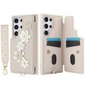 Samsung Galaxy S24 Ultra Blomsterdekoration Cover med Rem - Beige