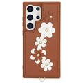 Samsung Galaxy S24 Ultra Blomsterdekoration Cover med Rem - Brun