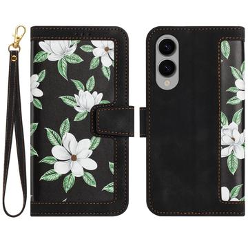 Samsung Galaxy S25 Edge Blomstret pung etui med kortholdere - Sort