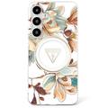 Samsung Galaxy S25 Guess Glitter Flowers Triangle Buttons MagSafe Cover - Hvid