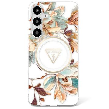 Samsung Galaxy S25 Guess Glitter Flowers Triangle Buttons MagSafe Cover - Hvid