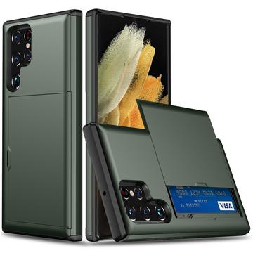 Samsung Galaxy S25 Ultra Hybrid Cover med Glidende Kortslot - Army Grøn
