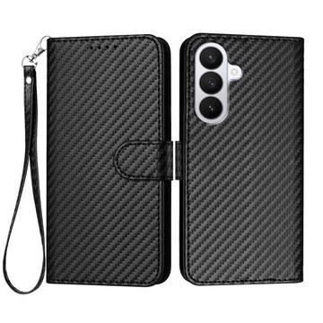 Samsung Galaxy S26 Pro Premium Wallet Case med Strop, Carbon Fiber Tekstur, Carbon Sort