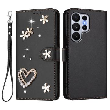 Samsung Galaxy S26 Ultra-pungetui med hjerter og blomster - sort
