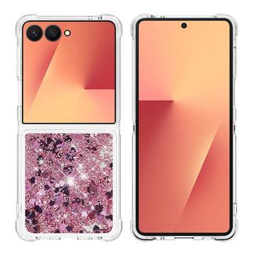 Samsung Galaxy Z Flip7 Glitter Quicksand TPU Cover - Rosaguld hjerter