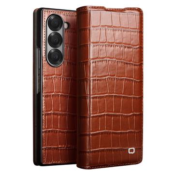 Samsung Galaxy Z Fold6 Qialino Classic Flip Lædercover - Krokodille - Mørkebrun