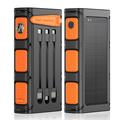 Solcelledrevet powerbank på 20000mAh med håndsving, LED-lommelygte og indbyggede kabler - orange / sort