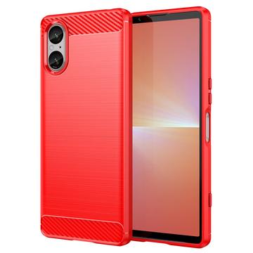 Sony Xperia 5 V Børstet TPU Cover - Karbonfiber - Rød