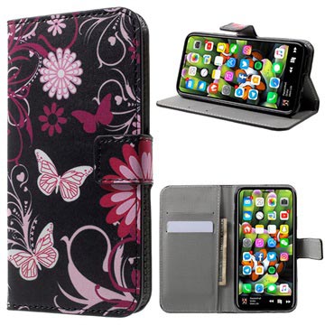 Style Series iPhone X / iPhone XS Flip Taske med Plads til Kort - Sommerfugle / Blomster