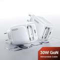 TOOCKI TC55302 30W GaN-oplader med udtrækkeligt USB-C-kabel - hvid
