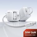 TOOCKI TC55302 30W GaN-oplader med udtrækkeligt USB-C-kabel - hvid