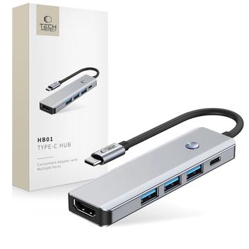 Tech-Protect HB01 5-i-1 USB-C-hubadapter med USB 3.0, HDMI 4K 60Hz og 100W PD - Rum grå