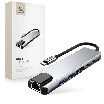 Tech-Protect HB02 6-i-1 USB-C-hubadapter med USB 2.0, USB 3.0, HDMI 4K 30Hz, RJ45 Ethernet og USB-C 100W PD - Rum grå