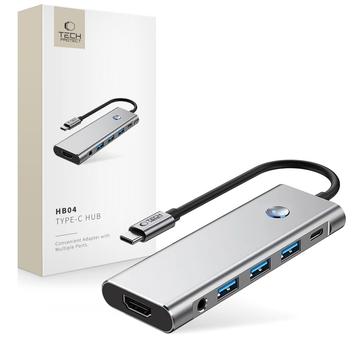 Tech-Protect HB04 9-i-1 USB-C-hubadapter med USB-A/HDMI/SD/TF-kortlæser/USB-C 100W PD/3.5mm - Rum grå