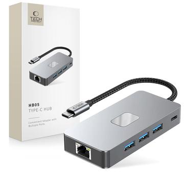 Tech-Protect HB05 9-i-1 USB-C Hub Adapter med HDMI 4K 60Hz, SD/TF-kortlæsere, USB-C 100W PD, RJ45 Ethernet, USB 3.0/2.0 - Rum grå